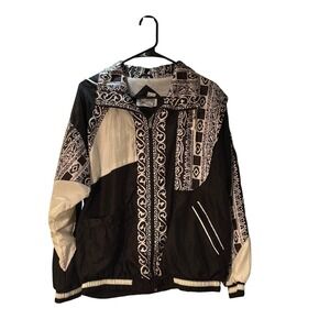 Vintage 90s 80s Patterned Black and White Geometric Design Windbreaker  M